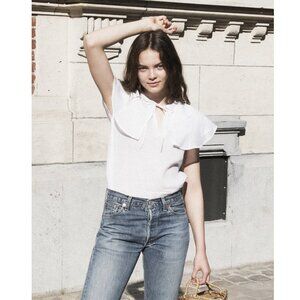 Maison Cleo Lisa Babydoll Blouse in White Cotton - Size M